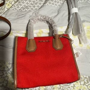 Michael Kors Red Canvas Satchel with Tan Trim and Handles